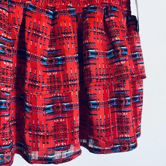 Aqua Red Patterned Smocked A-Line Mini Skirt with Blue Accents - Picture 2 of 10